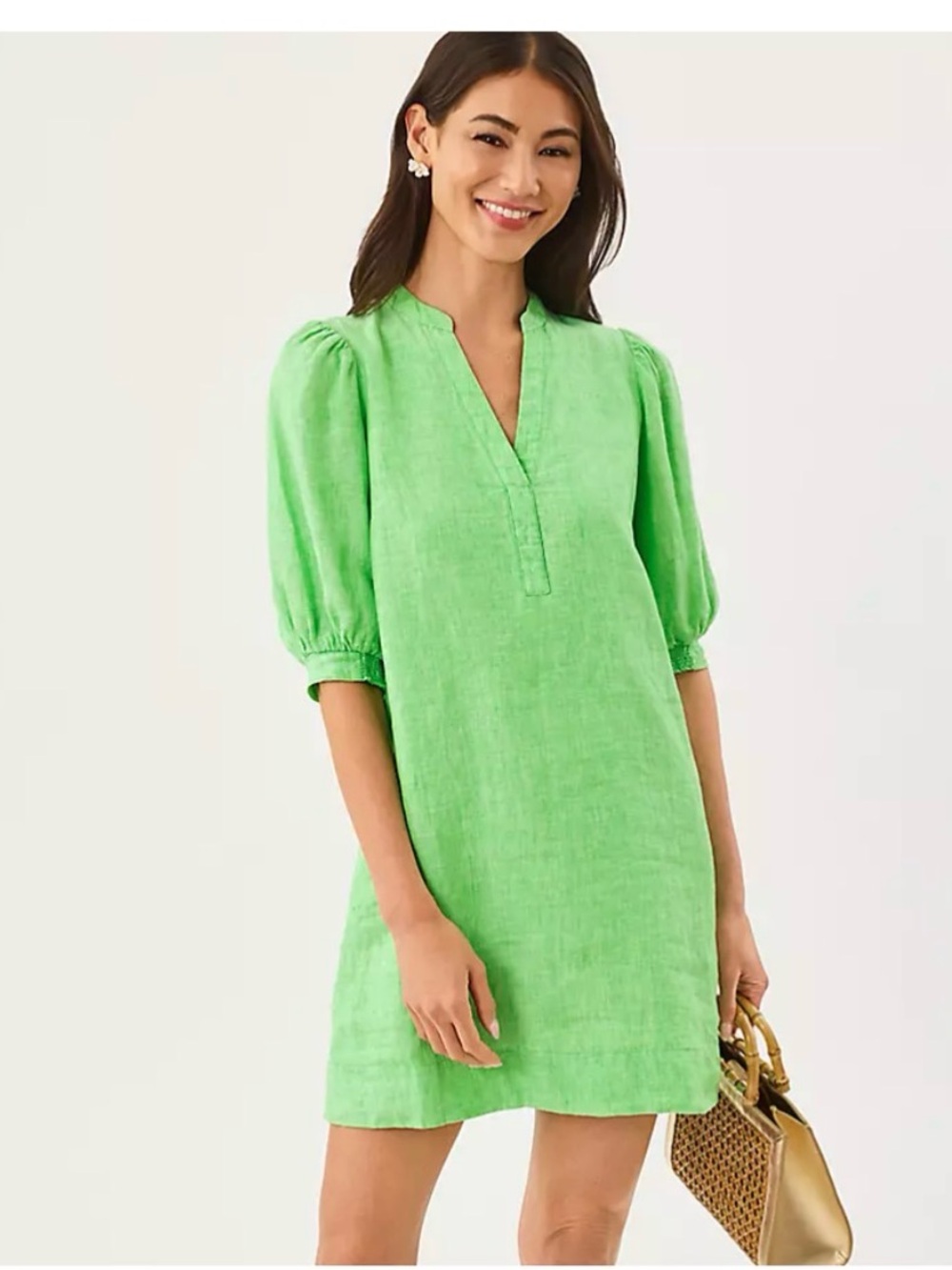 Mia Leigh Green Linen V-Neck Puff Sleeve Linen Dress